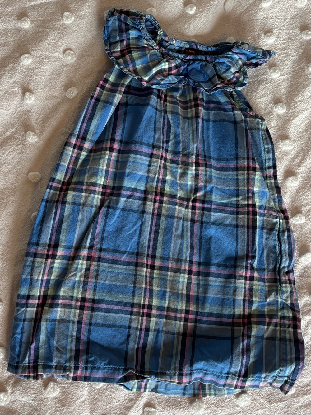 Tea Collection Blue Plaid Sleeveless Ruffle Neckline Dress - Picture 4 of 4